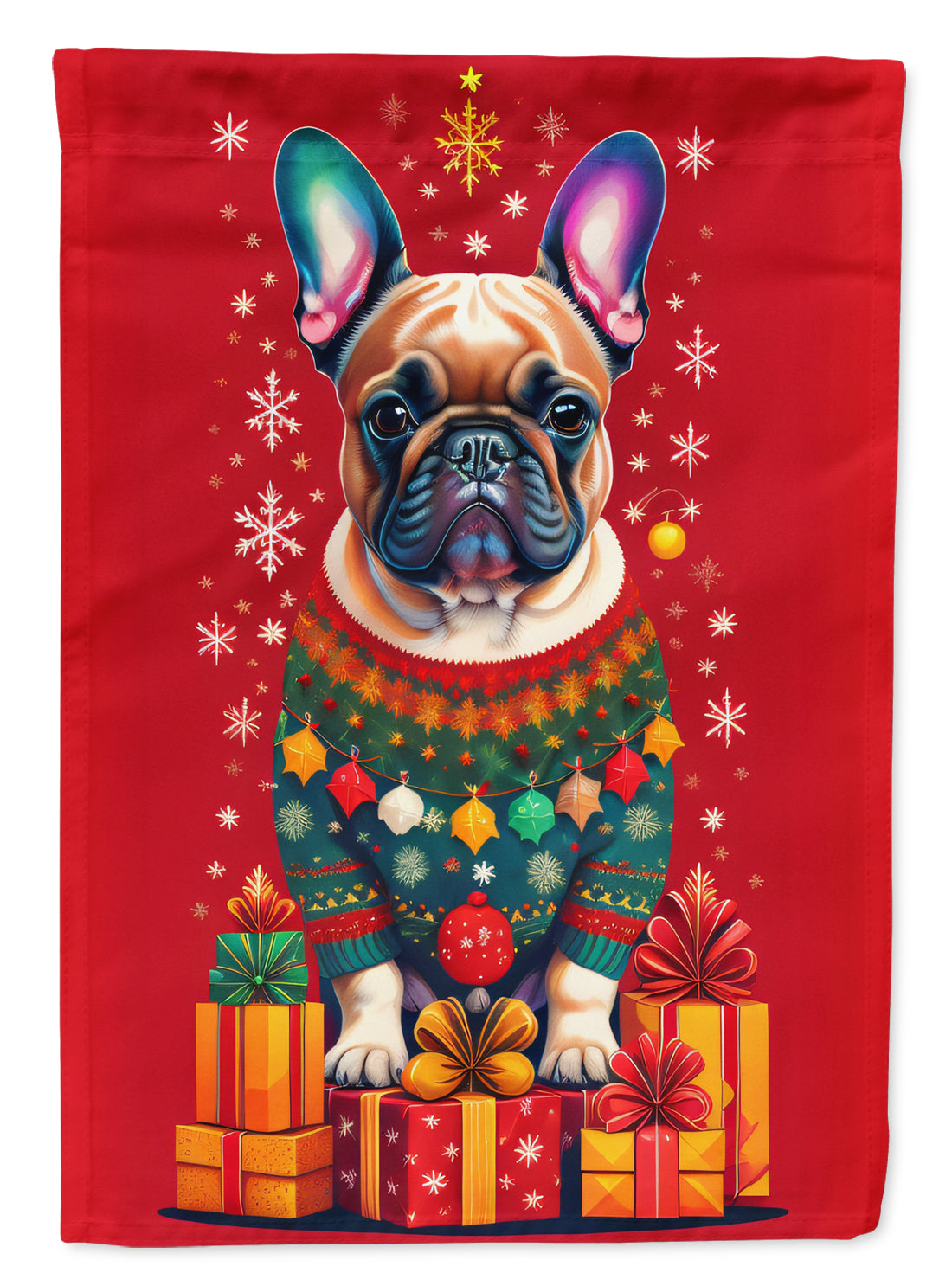 French Bulldog Holiday Christmas House Flag 28x40 Porch Sleeve Pole Decorative Outside Yard Banner Artwork Wall Hanging, Polyester