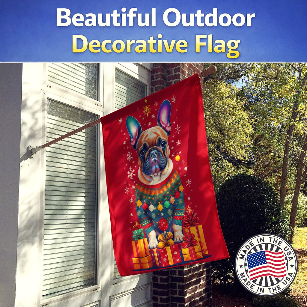 French Bulldog Holiday Christmas House Flag 28x40 Porch Sleeve Pole Decorative Outside Yard Banner Artwork Wall Hanging, Polyester