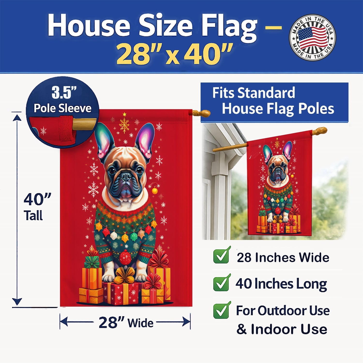 French Bulldog Holiday Christmas House Flag 28x40 Porch Sleeve Pole Decorative Outside Yard Banner Artwork Wall Hanging, Polyester
