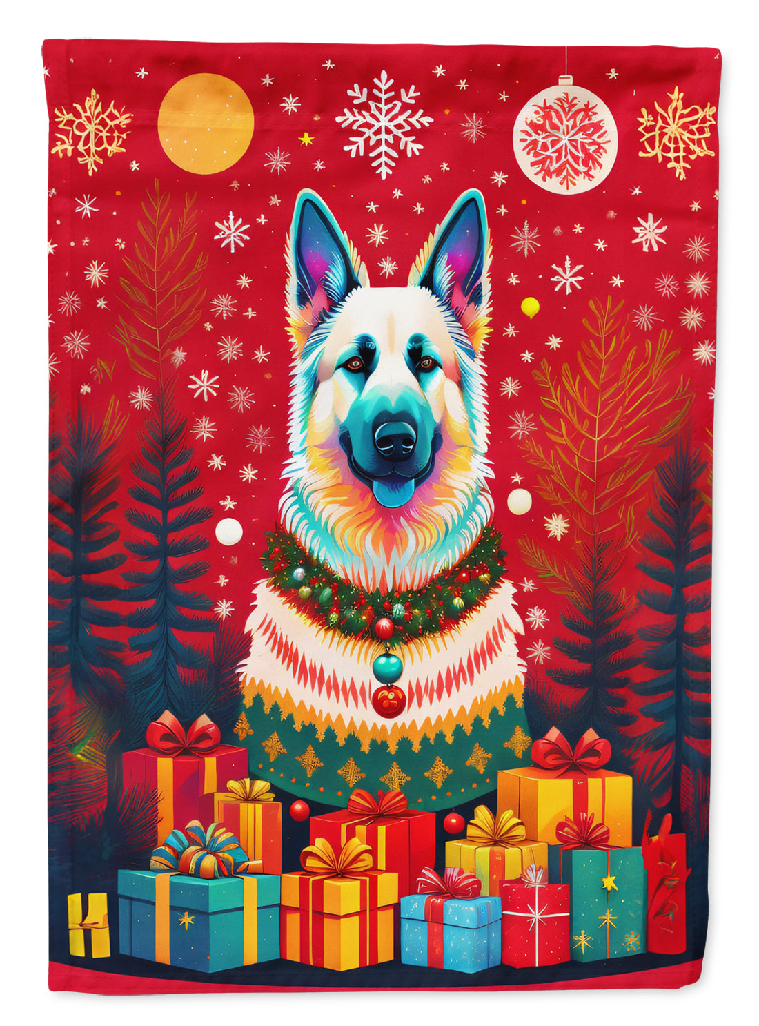 German Shepherd Holiday Christmas House Flag 28x40 Porch Sleeve Pole Decorative Outside Yard Banner Artwork Wall Hanging, Polyester