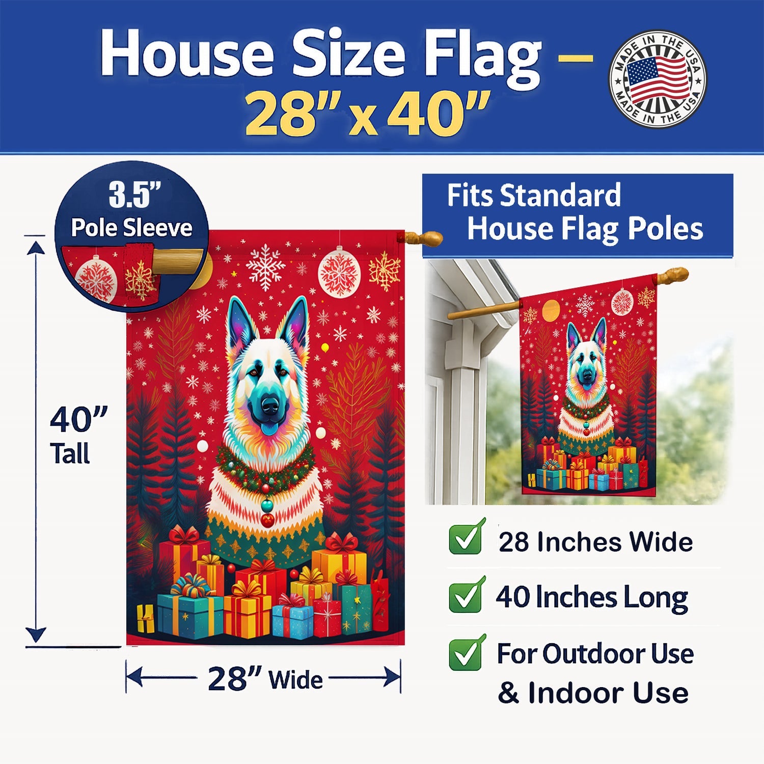 German Shepherd Holiday Christmas House Flag 28x40 Porch Sleeve Pole Decorative Outside Yard Banner Artwork Wall Hanging, Polyester
