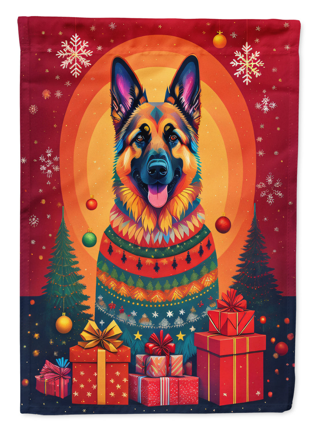 German Shepherd Holiday Christmas House Flag 28x40 Porch Sleeve Pole Decorative Outside Yard Banner Artwork Wall Hanging, Polyester