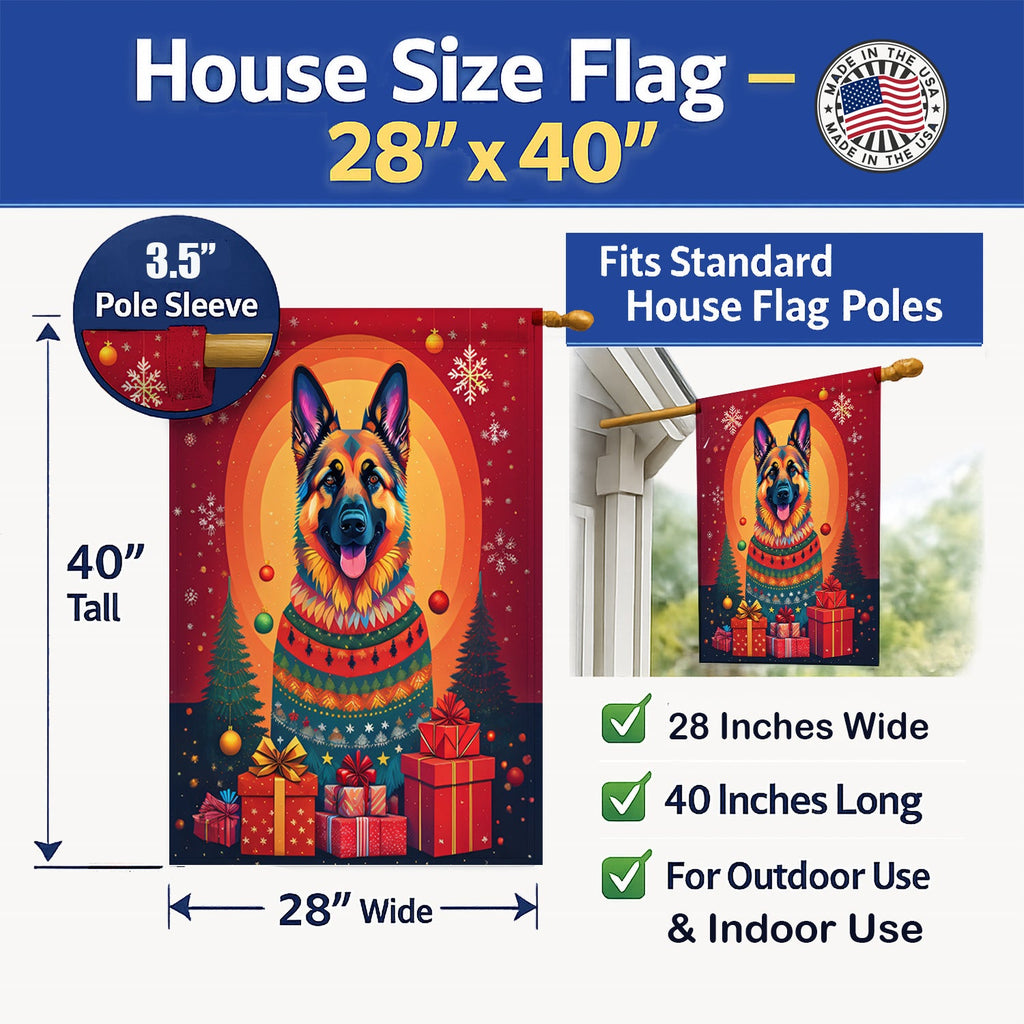 German Shepherd Holiday Christmas House Flag 28x40 Porch Sleeve Pole Decorative Outside Yard Banner Artwork Wall Hanging, Polyester