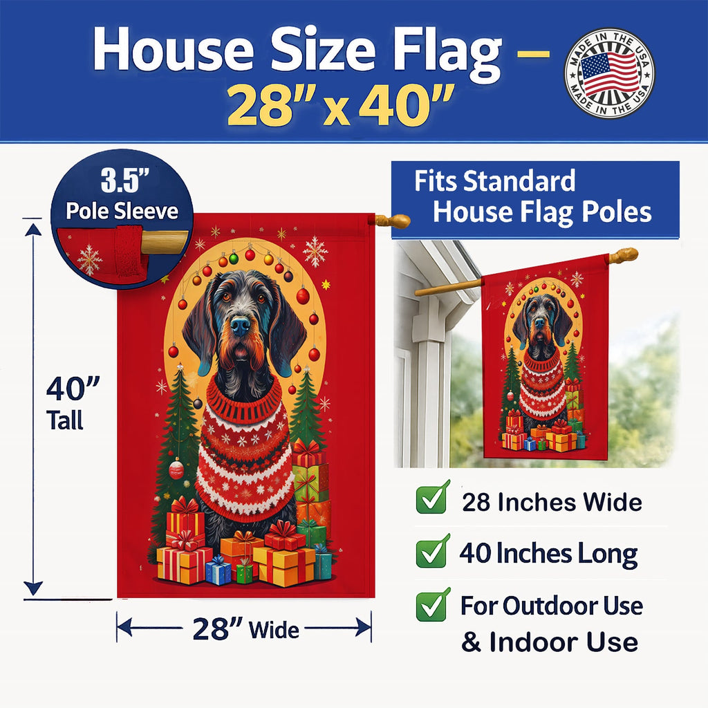 German Wirehaired Pointer Holiday Christmas House Flag 28x40 Porch Sleeve Pole Decorative Outside Yard Banner Artwork Wall Hanging, Polyester