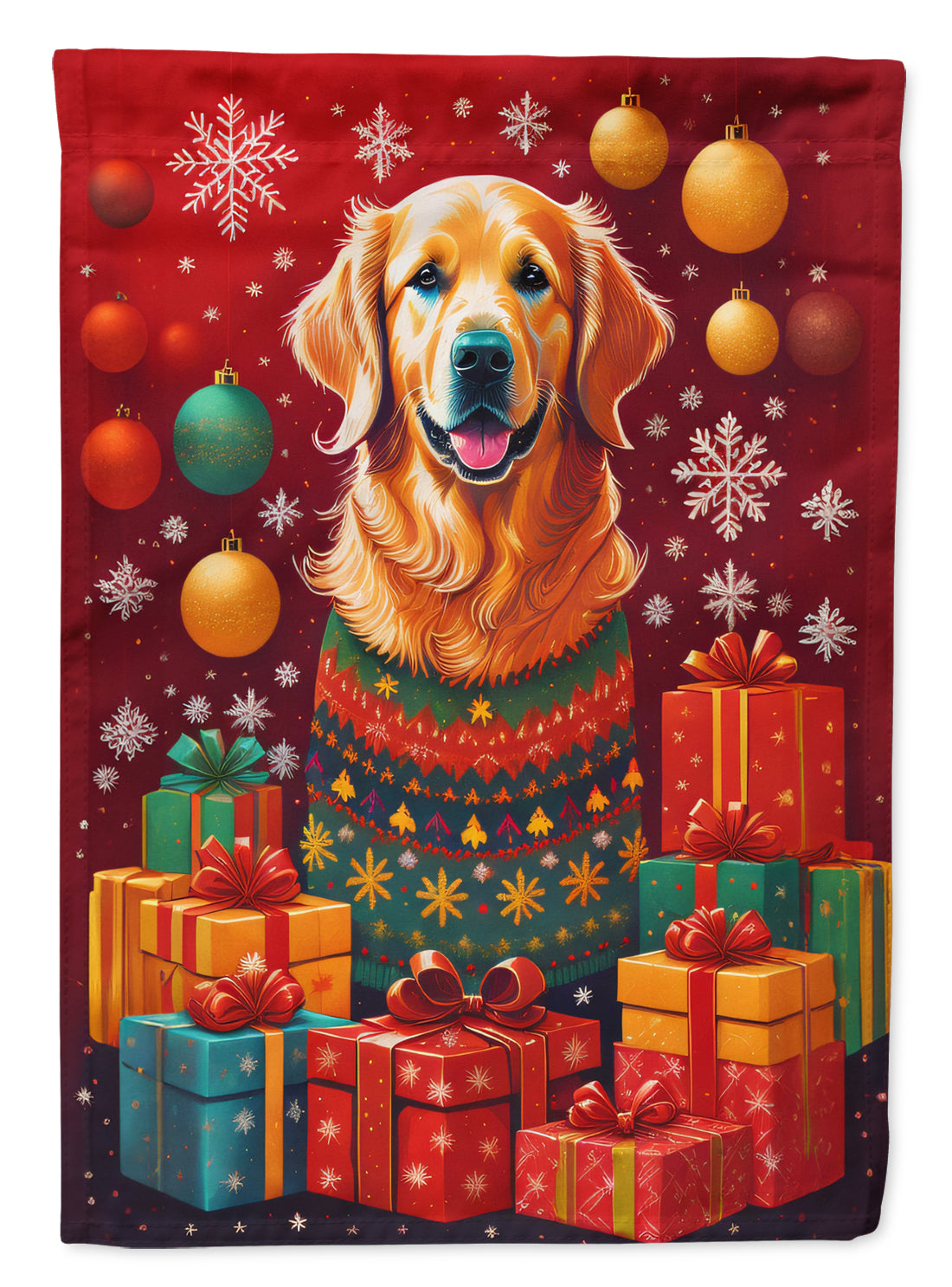 Golden Retriever Holiday Christmas House Flag 28x40 Porch Sleeve Pole Decorative Outside Yard Banner Artwork Wall Hanging, Polyester