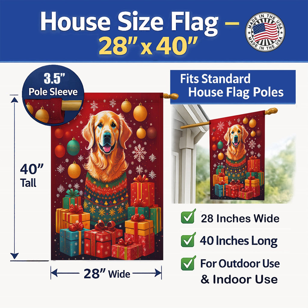 Golden Retriever Holiday Christmas House Flag 28x40 Porch Sleeve Pole Decorative Outside Yard Banner Artwork Wall Hanging, Polyester