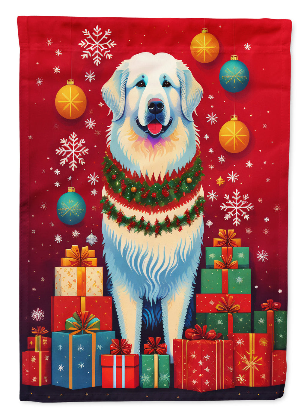 Great Pyrenees Holiday Christmas House Flag 28x40 Porch Sleeve Pole Decorative Outside Yard Banner Artwork Wall Hanging, Polyester