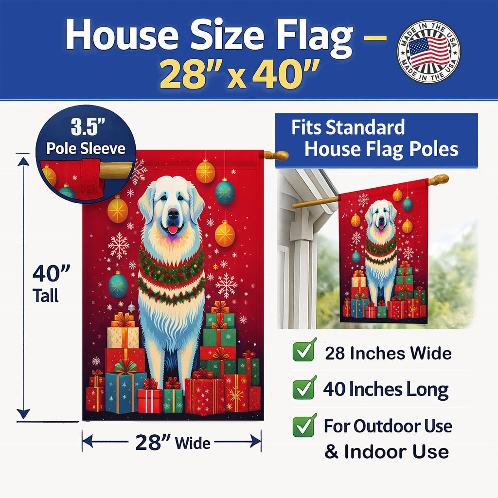 Great Pyrenees Holiday Christmas House Flag 28x40 Porch Sleeve Pole Decorative Outside Yard Banner Artwork Wall Hanging, Polyester