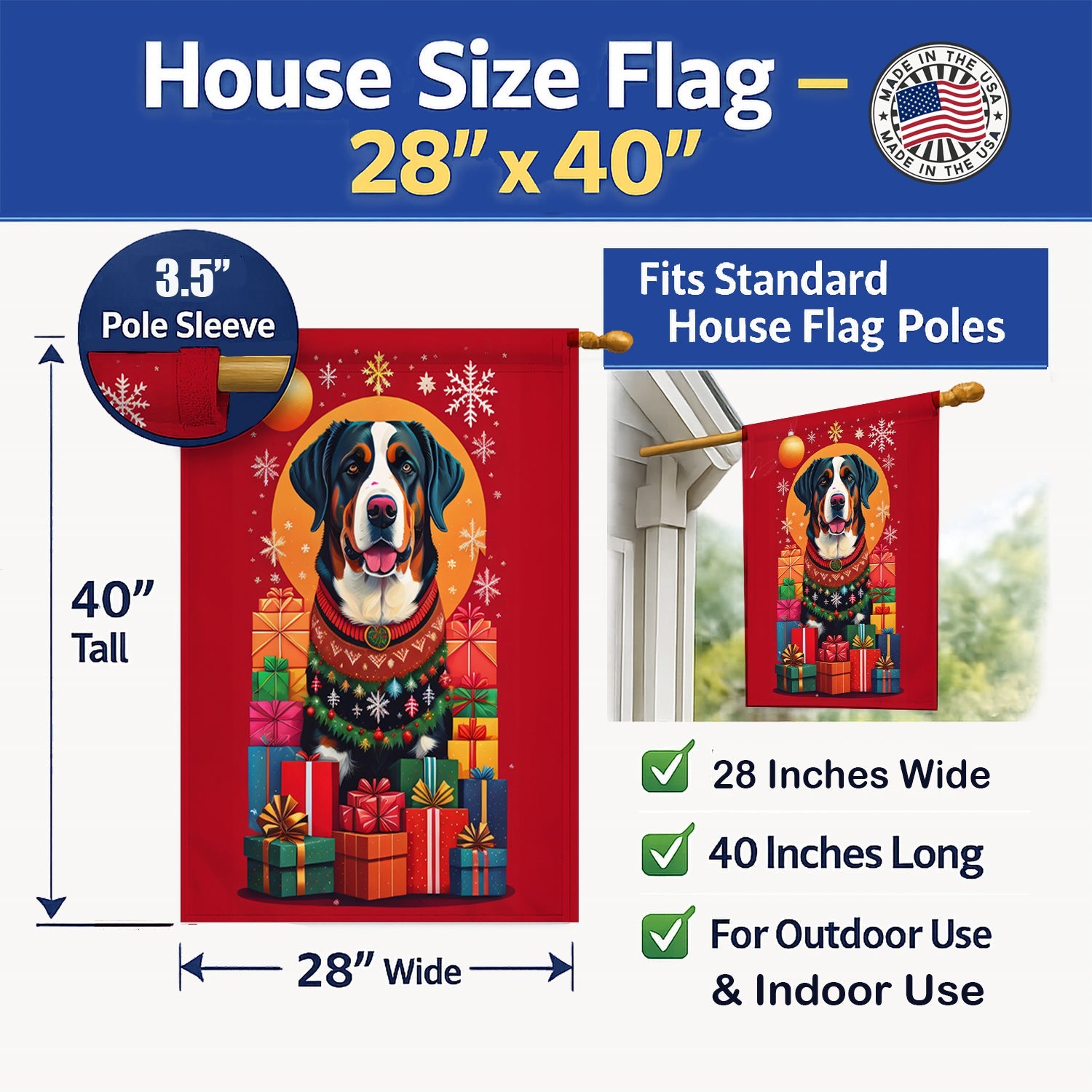 Greater Swiss Mountain Dog Holiday Christmas House Flag 28x40 Porch Sleeve Pole Decorative Outside Yard Banner Artwork Wall Hanging, Polyester