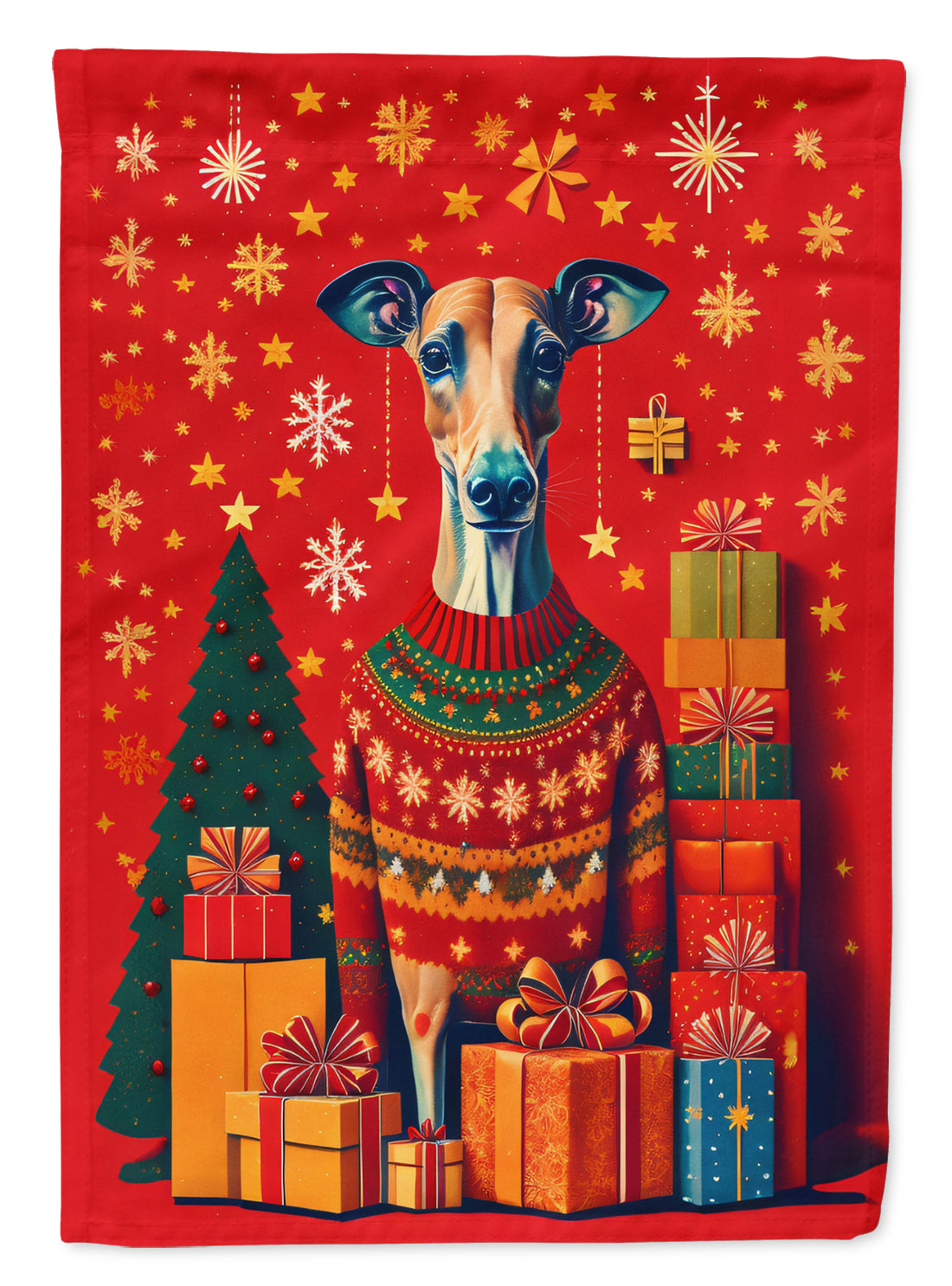 Greyhound Holiday Christmas House Flag 28x40 Porch Sleeve Pole Decorative Outside Yard Banner Artwork Wall Hanging, Polyester