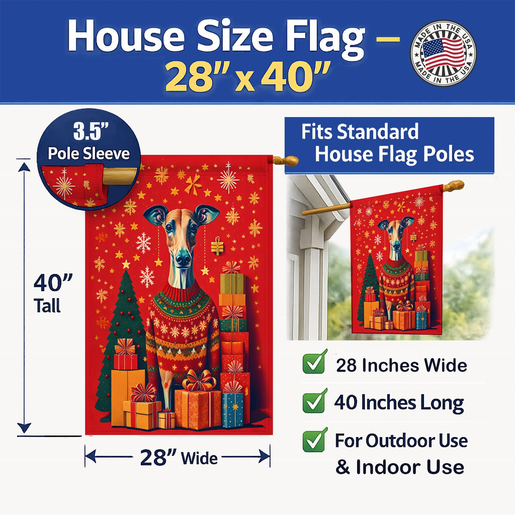Greyhound Holiday Christmas House Flag 28x40 Porch Sleeve Pole Decorative Outside Yard Banner Artwork Wall Hanging, Polyester