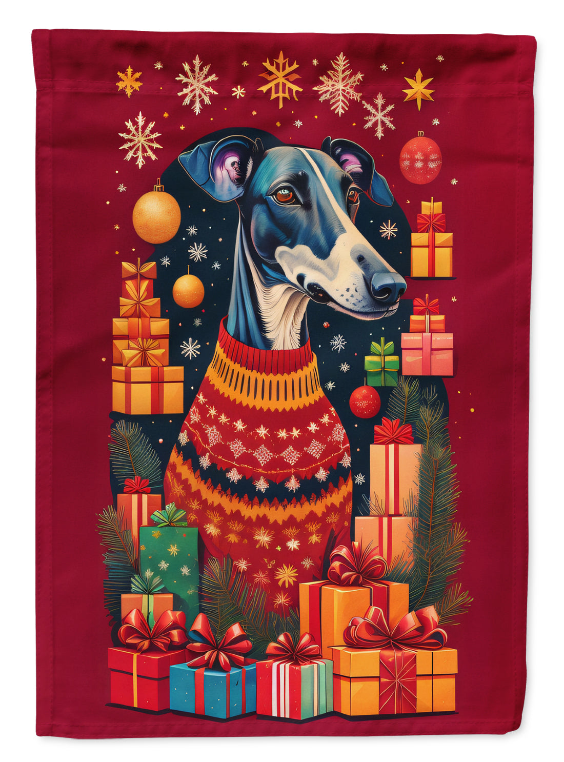Greyhound Holiday Christmas House Flag 28x40 Porch Sleeve Pole Decorative Outside Yard Banner Artwork Wall Hanging, Polyester