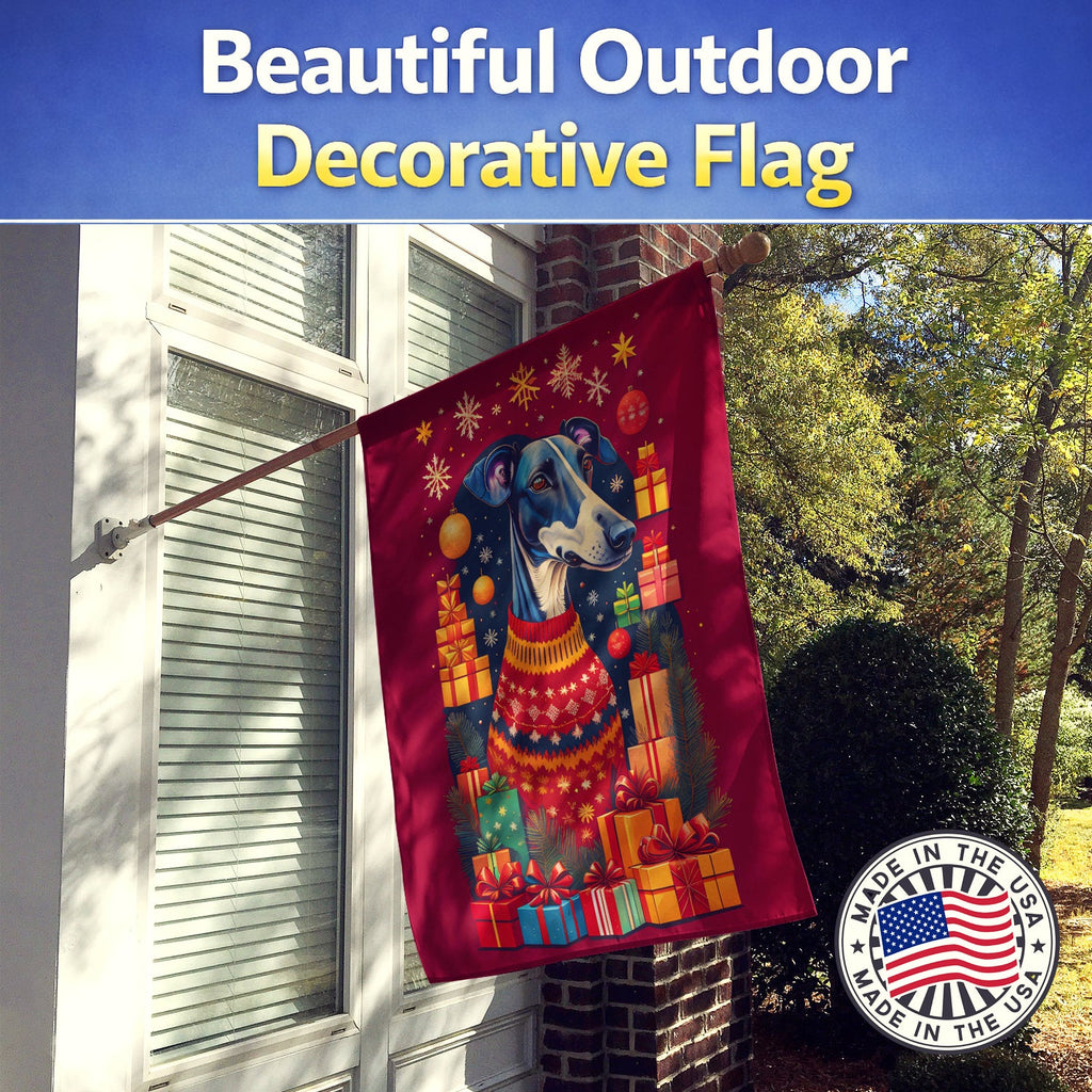 Greyhound Holiday Christmas House Flag 28x40 Porch Sleeve Pole Decorative Outside Yard Banner Artwork Wall Hanging, Polyester