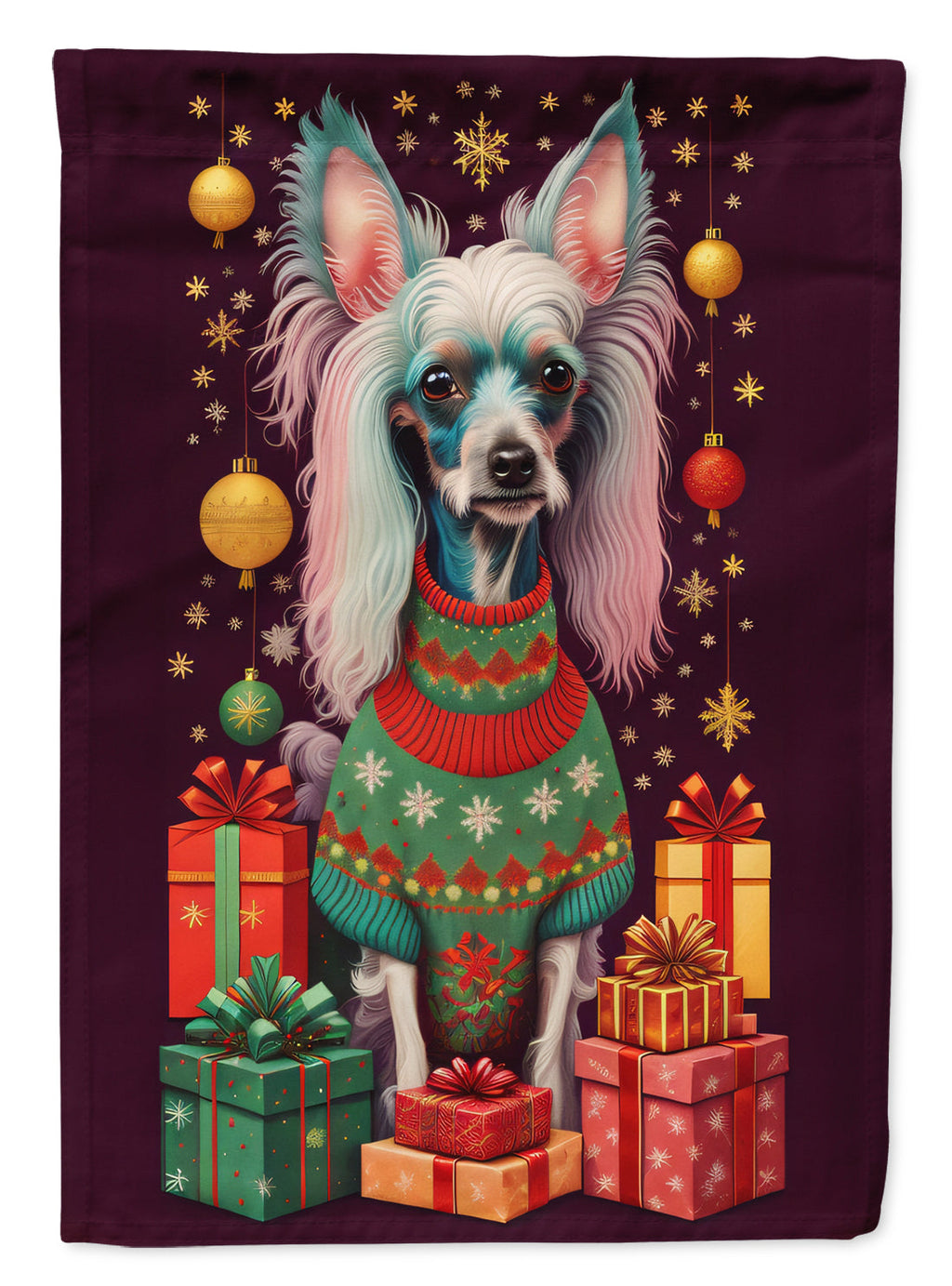 Chinese Crested Holiday Christmas House Flag 28x40 Porch Sleeve Pole Decorative Outside Yard Banner Artwork Wall Hanging, Polyester