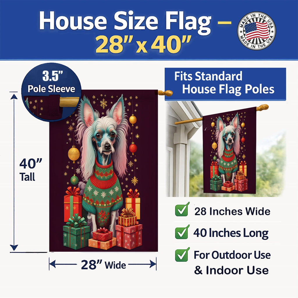 Chinese Crested Holiday Christmas House Flag 28x40 Porch Sleeve Pole Decorative Outside Yard Banner Artwork Wall Hanging, Polyester