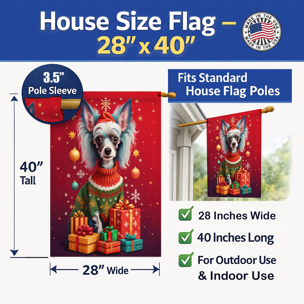 Chinese Crested Holiday Christmas House Flag 28x40 Porch Sleeve Pole Decorative Outside Yard Banner Artwork Wall Hanging, Polyester