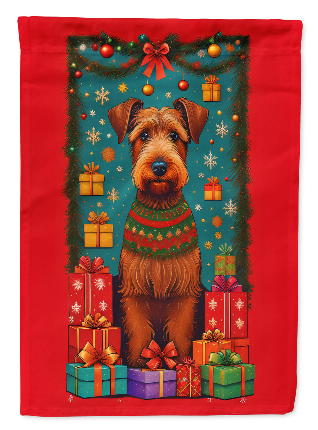 Irish Terrier Holiday Christmas House Flag 28x40 Porch Sleeve Pole Decorative Outside Yard Banner Artwork Wall Hanging, Polyester