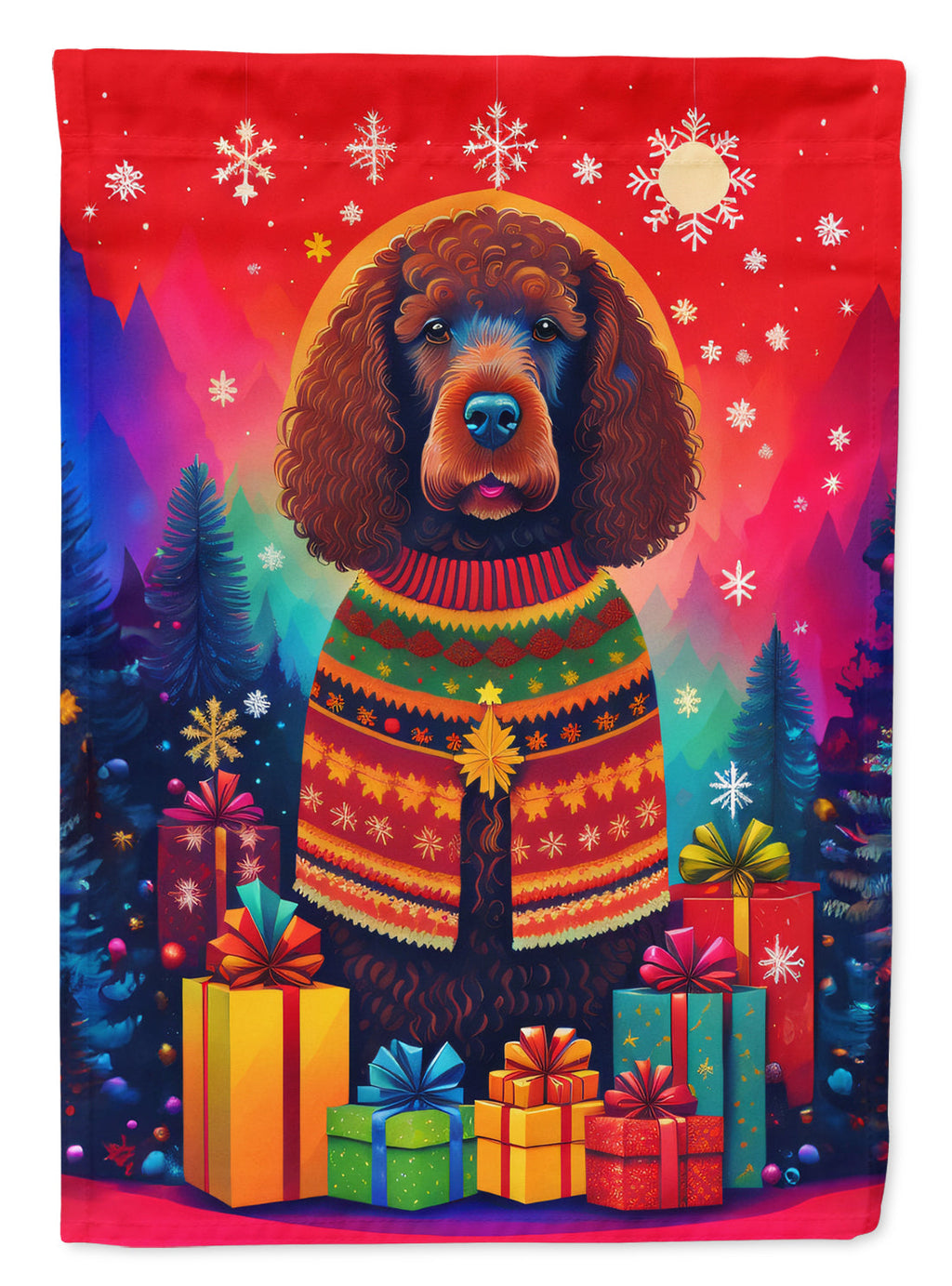 Irish Water Spaniel Holiday Christmas House Flag 28x40 Porch Sleeve Pole Decorative Outside Yard Banner Artwork Wall Hanging, Polyester