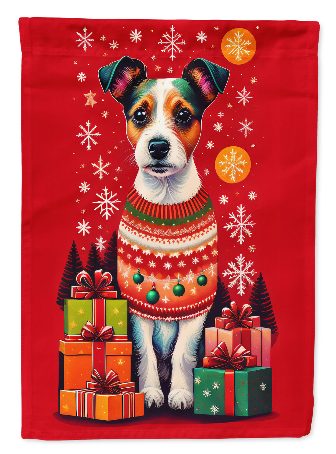 Jack Russell Terrier Holiday Christmas House Flag 28x40 Porch Sleeve Pole Decorative Outside Yard Banner Artwork Wall Hanging, Polyester
