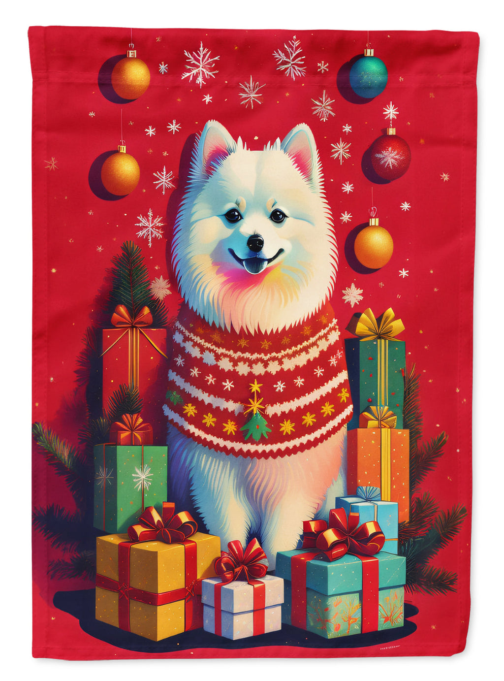 Japanese Spitz Holiday Christmas House Flag 28x40 Porch Sleeve Pole Decorative Outside Yard Banner Artwork Wall Hanging, Polyester