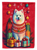 Japanese Spitz Holiday Christmas House Flag 28x40 Porch Sleeve Pole Decorative Outside Yard Banner Artwork Wall Hanging, Polyester