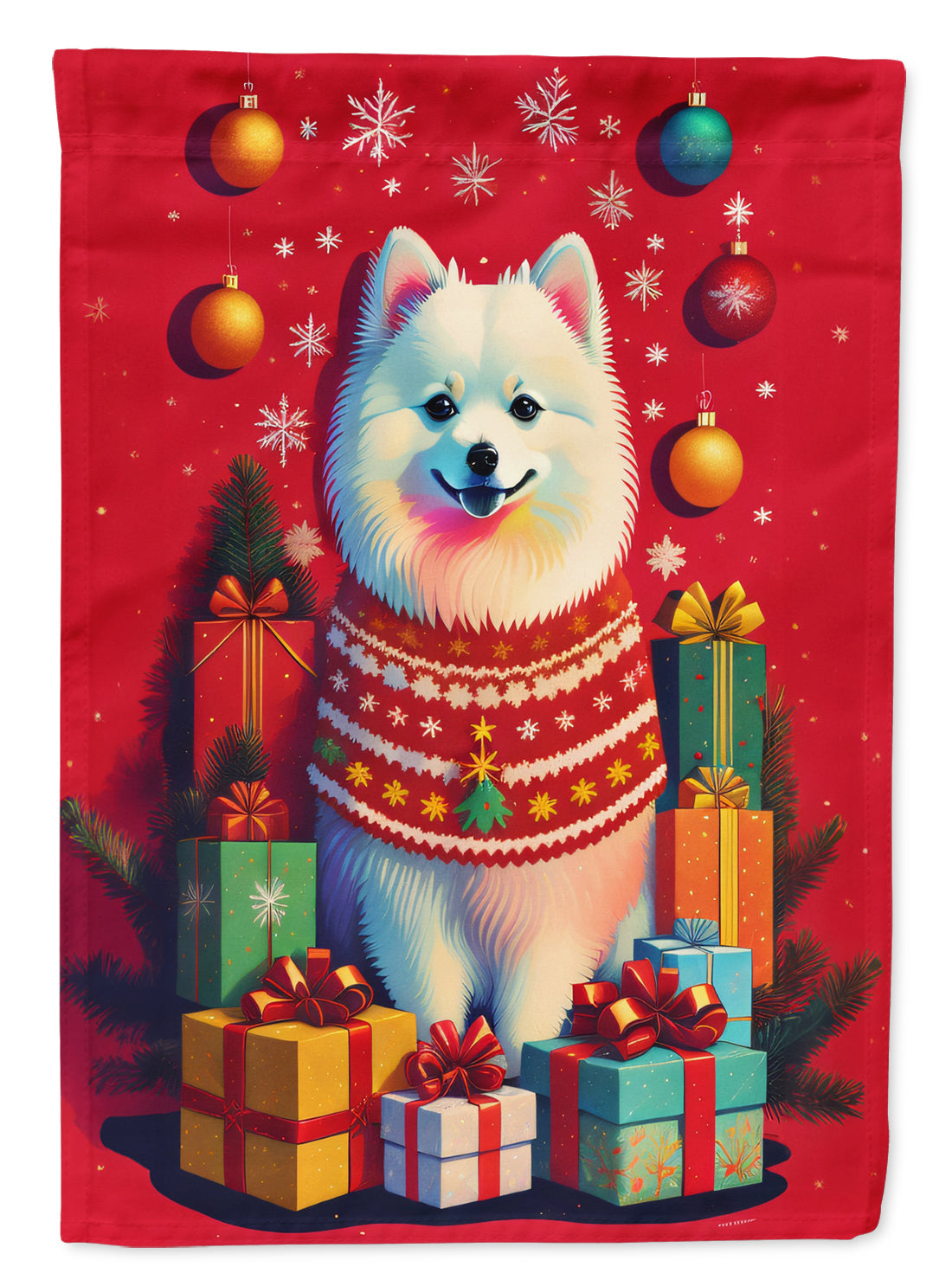 Japanese Spitz Holiday Christmas House Flag 28x40 Porch Sleeve Pole Decorative Outside Yard Banner Artwork Wall Hanging, Polyester