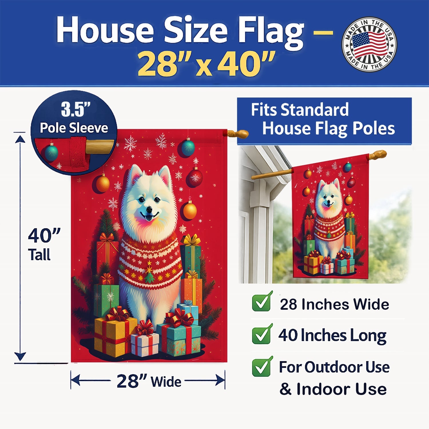 Japanese Spitz Holiday Christmas House Flag 28x40 Porch Sleeve Pole Decorative Outside Yard Banner Artwork Wall Hanging, Polyester