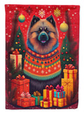 Keeshond Holiday Christmas House Flag 28x40 Porch Sleeve Pole Decorative Outside Yard Banner Artwork Wall Hanging, Polyester
