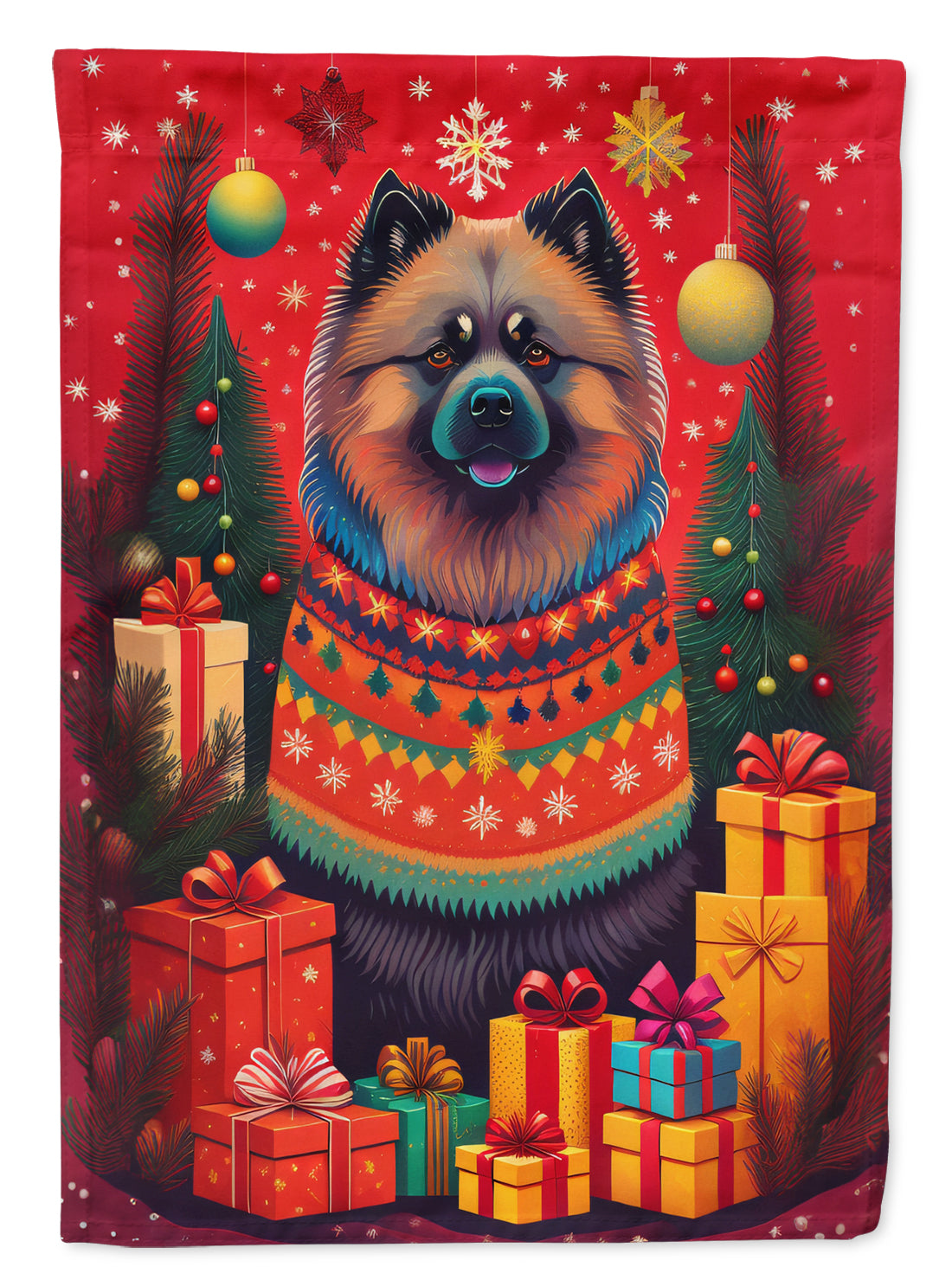 Keeshond Holiday Christmas House Flag 28x40 Porch Sleeve Pole Decorative Outside Yard Banner Artwork Wall Hanging, Polyester