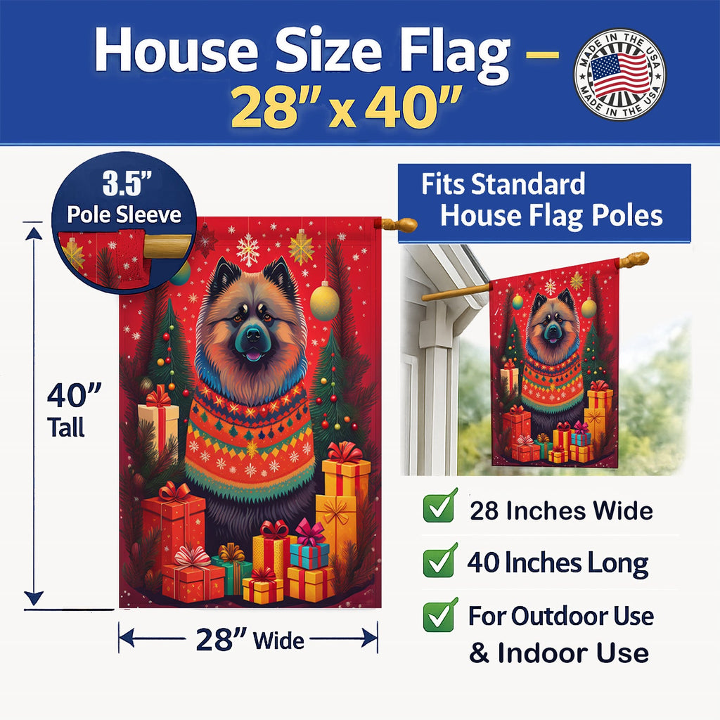 Keeshond Holiday Christmas House Flag 28x40 Porch Sleeve Pole Decorative Outside Yard Banner Artwork Wall Hanging, Polyester