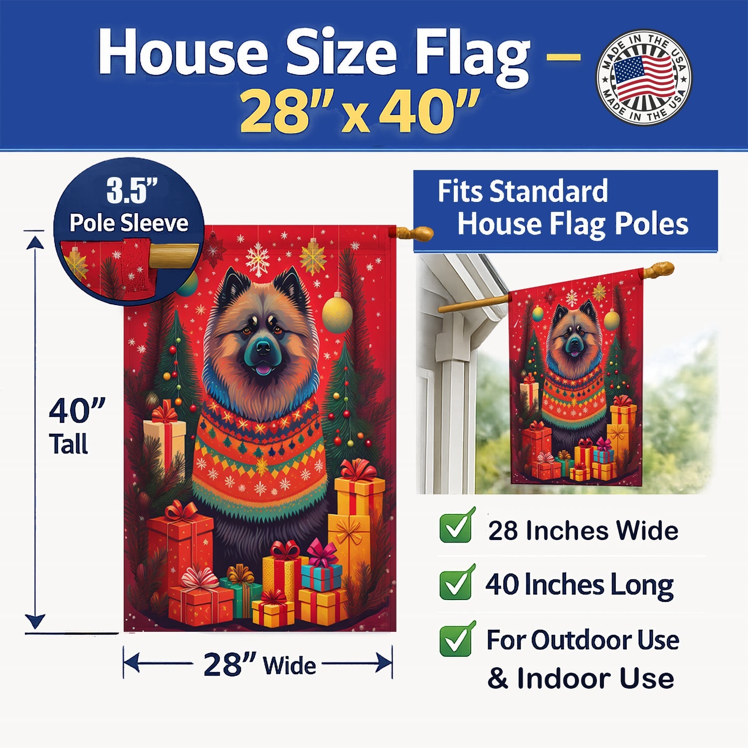 Keeshond Holiday Christmas House Flag 28x40 Porch Sleeve Pole Decorative Outside Yard Banner Artwork Wall Hanging, Polyester