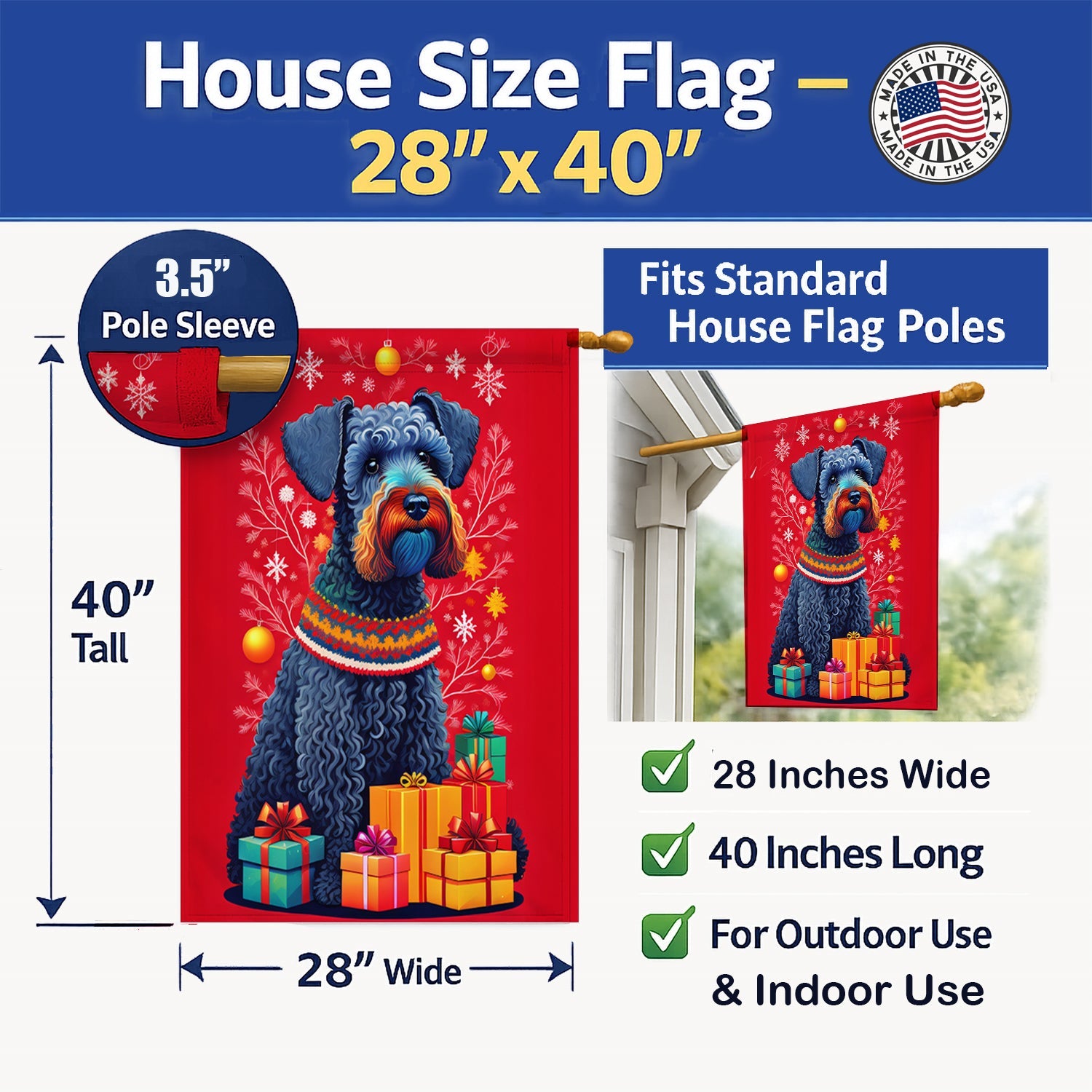 Kerry Blue Terrier Holiday Christmas House Flag 28x40 Porch Sleeve Pole Decorative Outside Yard Banner Artwork Wall Hanging, Polyester