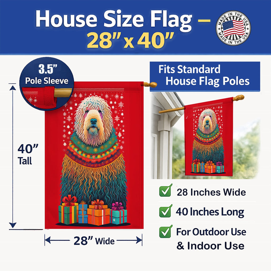 Komondor Holiday Christmas House Flag 28x40 Porch Sleeve Pole Decorative Outside Yard Banner Artwork Wall Hanging, Polyester