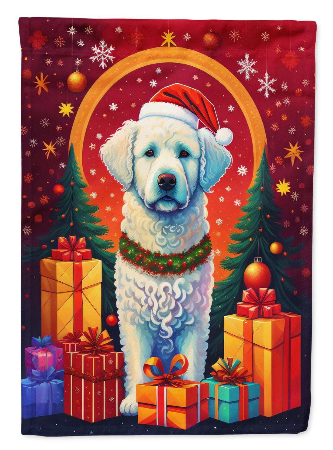 Kuvasz Holiday Christmas House Flag 28x40 Porch Sleeve Pole Decorative Outside Yard Banner Artwork Wall Hanging, Polyester