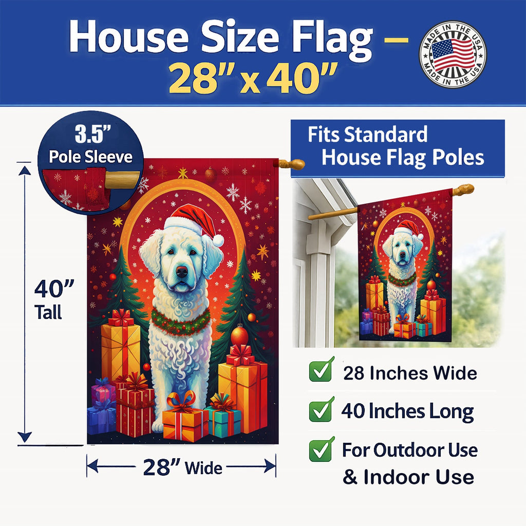 Kuvasz Holiday Christmas House Flag 28x40 Porch Sleeve Pole Decorative Outside Yard Banner Artwork Wall Hanging, Polyester