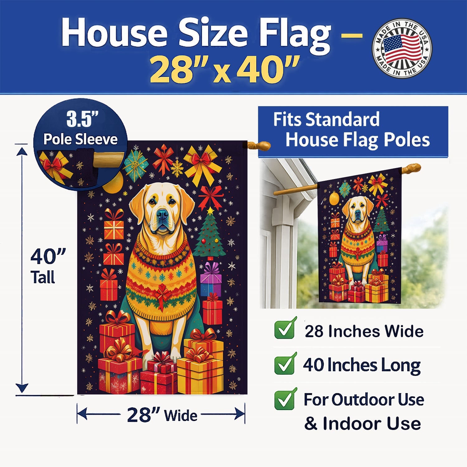 Labrador Retriever Holiday Christmas House Flag 28x40 Porch Sleeve Pole Decorative Outside Yard Banner Artwork Wall Hanging, Polyester