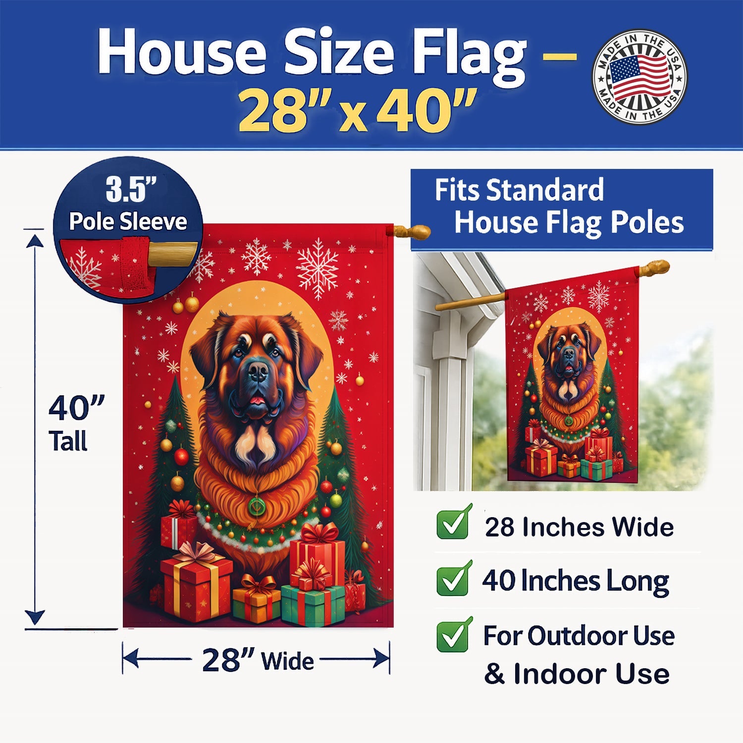 Leonberger Holiday Christmas House Flag 28x40 Porch Sleeve Pole Decorative Outside Yard Banner Artwork Wall Hanging, Polyester