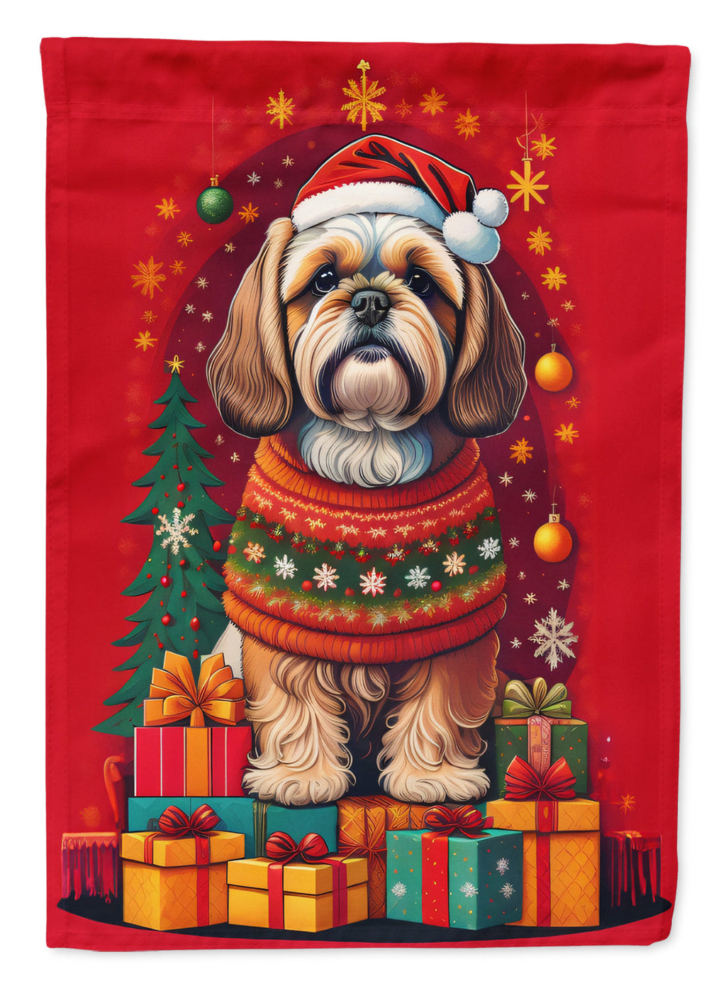 Lhasa Apso Holiday Christmas House Flag 28x40 Porch Sleeve Pole Decorative Outside Yard Banner Artwork Wall Hanging, Polyester