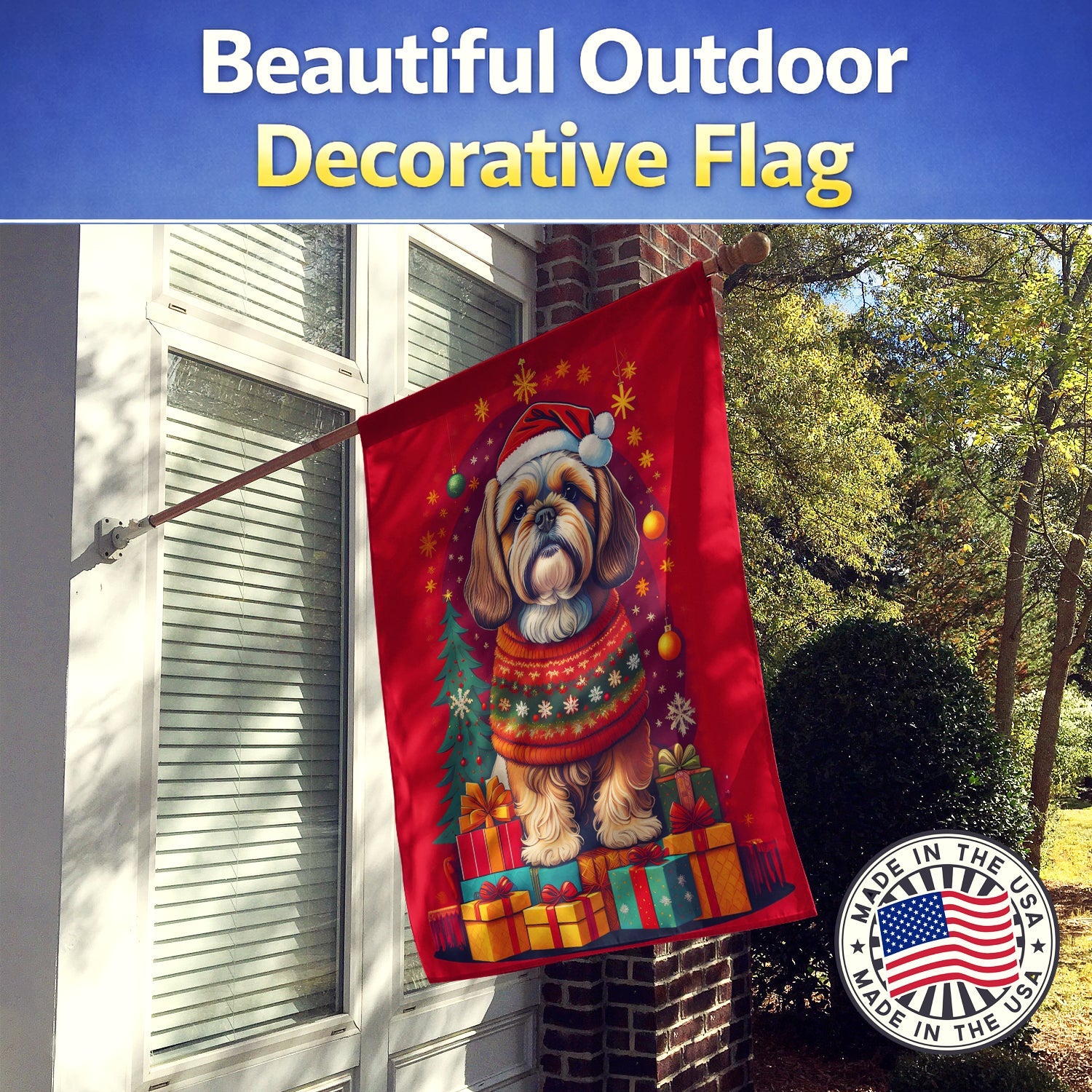 Lhasa Apso Holiday Christmas House Flag 28x40 Porch Sleeve Pole Decorative Outside Yard Banner Artwork Wall Hanging, Polyester