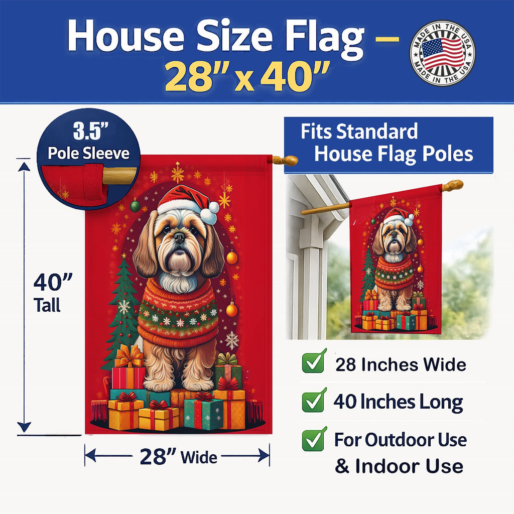 Lhasa Apso Holiday Christmas House Flag 28x40 Porch Sleeve Pole Decorative Outside Yard Banner Artwork Wall Hanging, Polyester