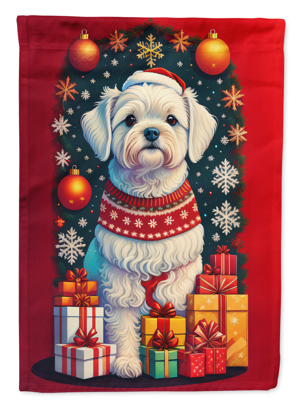 Maltese Holiday Christmas House Flag 28x40 Porch Sleeve Pole Decorative Outside Yard Banner Artwork Wall Hanging, Polyester