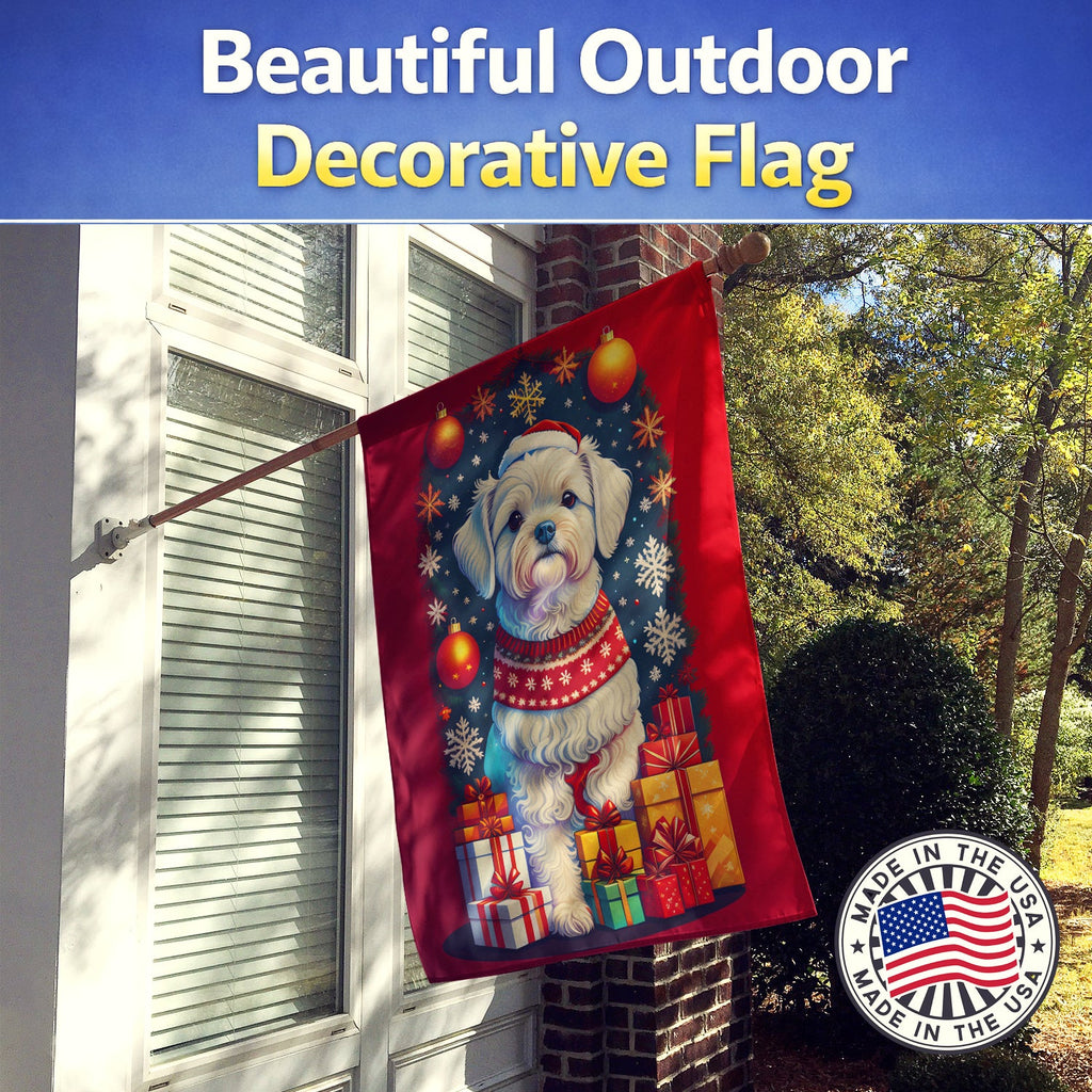 Maltese Holiday Christmas House Flag 28x40 Porch Sleeve Pole Decorative Outside Yard Banner Artwork Wall Hanging, Polyester