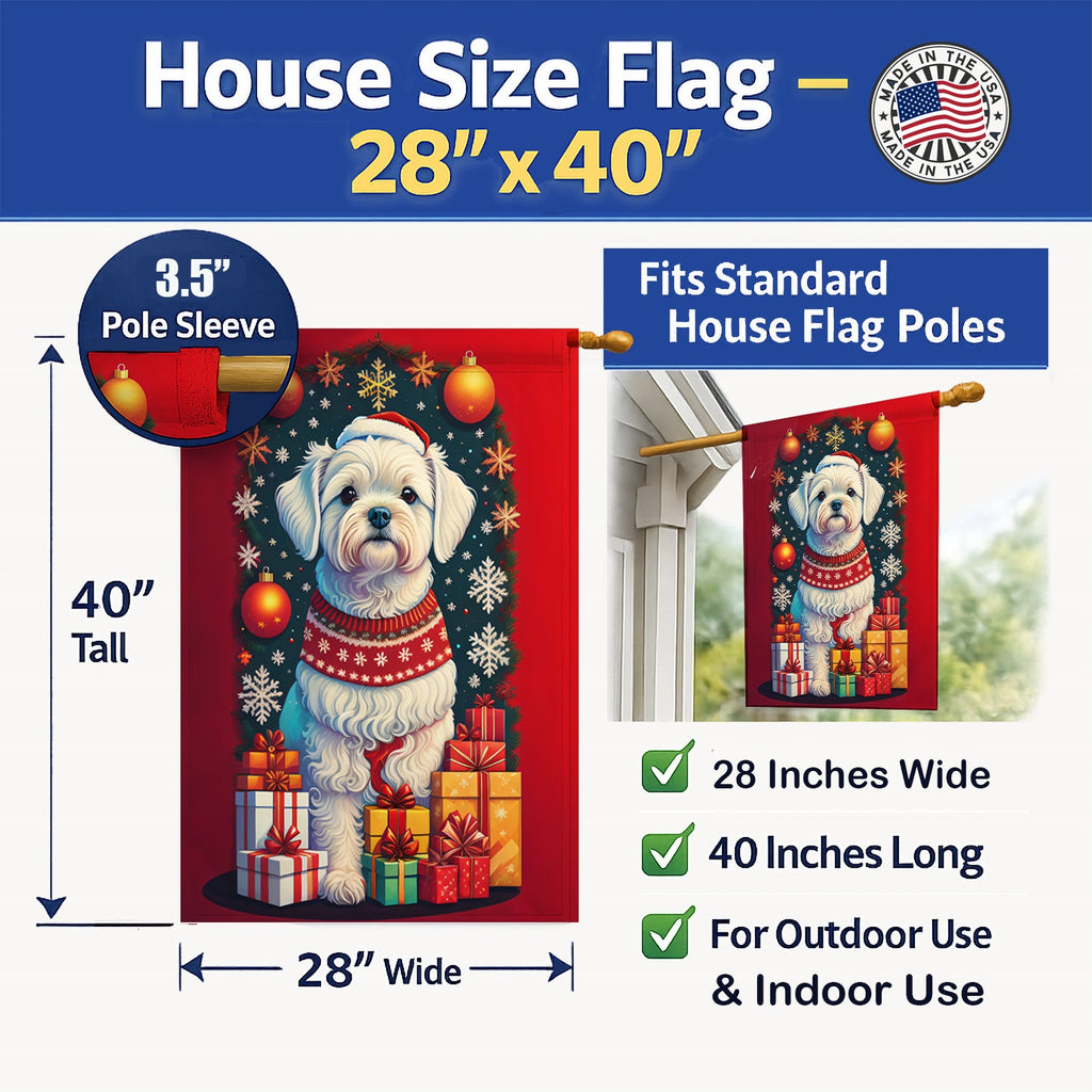 Maltese Holiday Christmas House Flag 28x40 Porch Sleeve Pole Decorative Outside Yard Banner Artwork Wall Hanging, Polyester