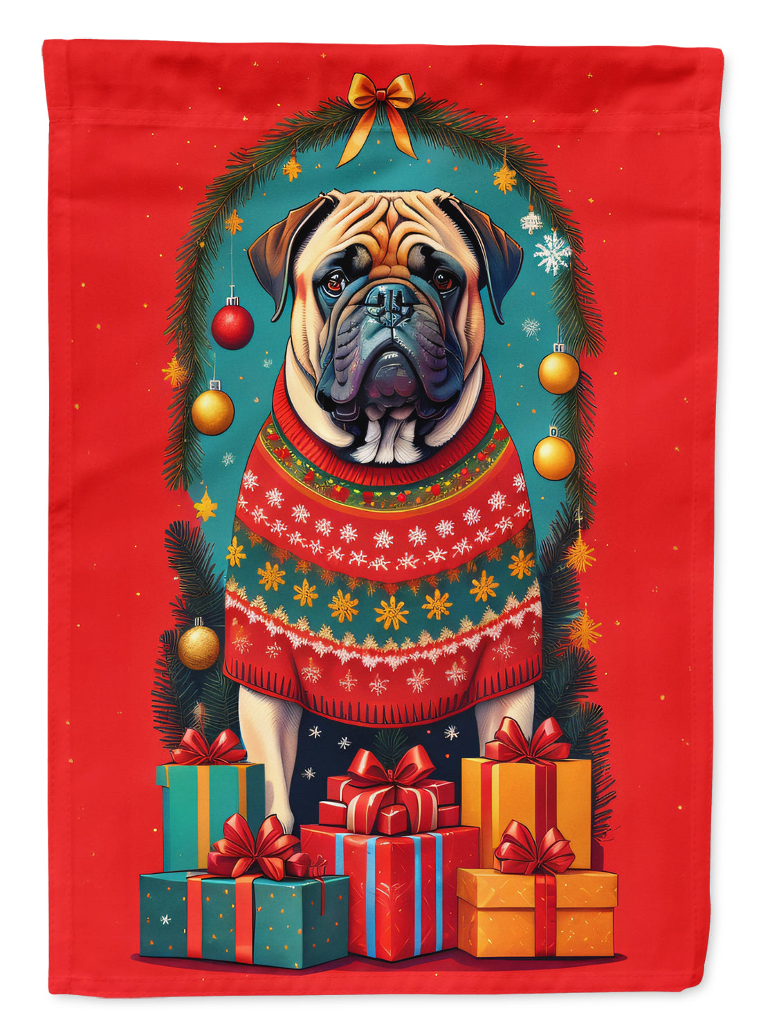 Mastiff Holiday Christmas House Flag 28x40 Porch Sleeve Pole Decorative Outside Yard Banner Artwork Wall Hanging, Polyester