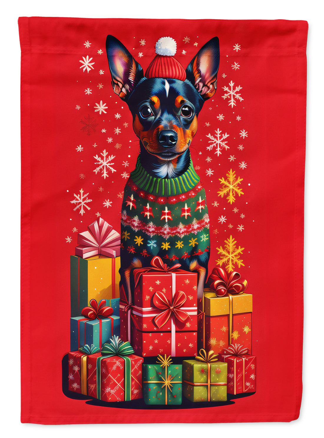 Miniature Pinscher Holiday Christmas House Flag 28x40 Porch Sleeve Pole Decorative Outside Yard Banner Artwork Wall Hanging, Polyester