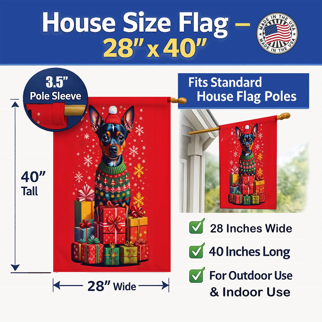 Miniature Pinscher Holiday Christmas House Flag 28x40 Porch Sleeve Pole Decorative Outside Yard Banner Artwork Wall Hanging, Polyester