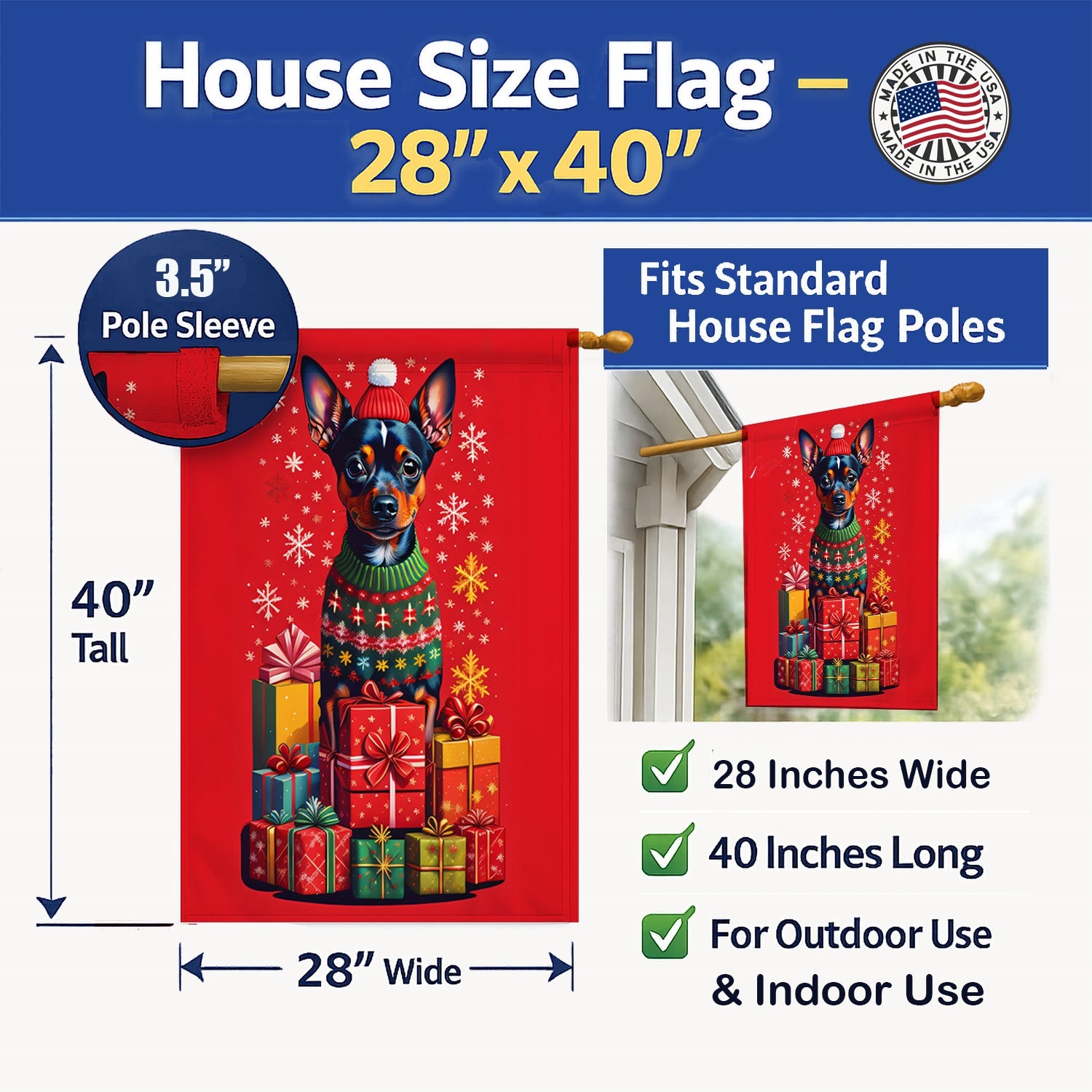 Miniature Pinscher Holiday Christmas House Flag 28x40 Porch Sleeve Pole Decorative Outside Yard Banner Artwork Wall Hanging, Polyester