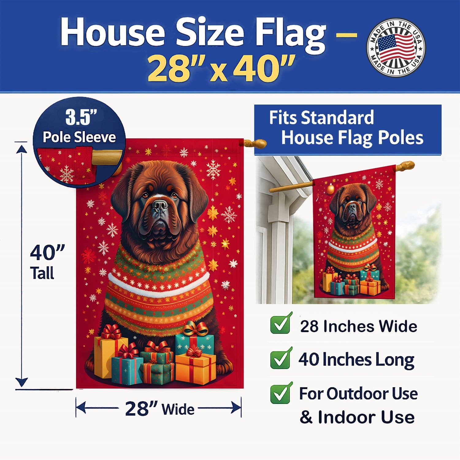 Newfoundland Holiday Christmas House Flag 28x40 Porch Sleeve Pole Decorative Outside Yard Banner Artwork Wall Hanging, Polyester