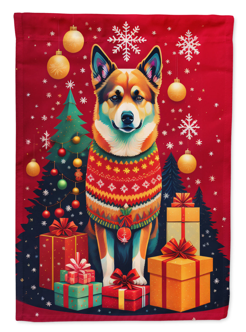 Norwegian Buhund Holiday Christmas House Flag 28x40 Porch Sleeve Pole Decorative Outside Yard Banner Artwork Wall Hanging, Polyester