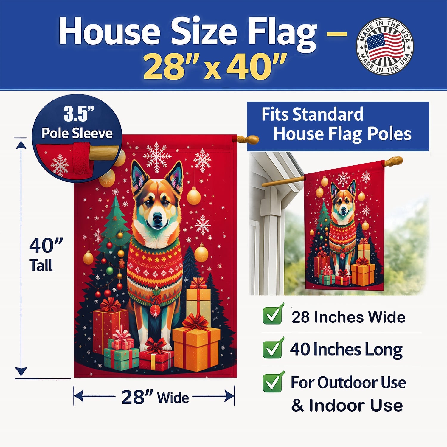 Norwegian Buhund Holiday Christmas House Flag 28x40 Porch Sleeve Pole Decorative Outside Yard Banner Artwork Wall Hanging, Polyester